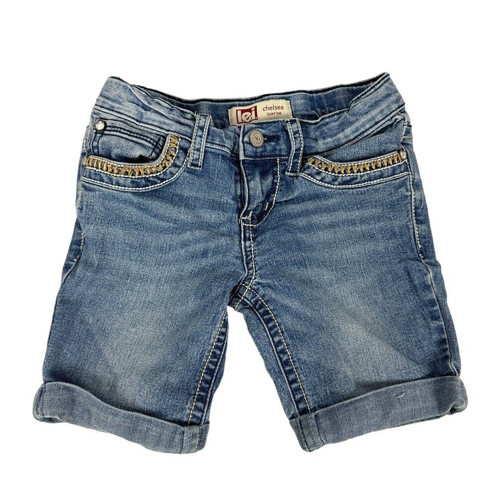 L.E.I Chelsea Lowrise Girls Denim Shorts Size 7 Embroidered Adjustable Waist